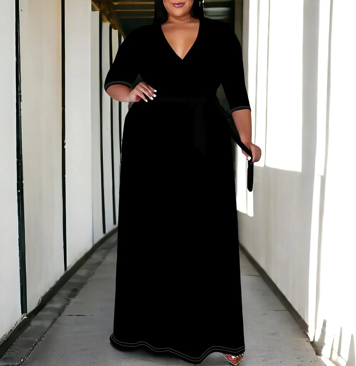 BXBY Women's 3/4 Sleeve A-line V Collar Flare Midi Long Dress Plus Size T Shirt Casual Dresses
