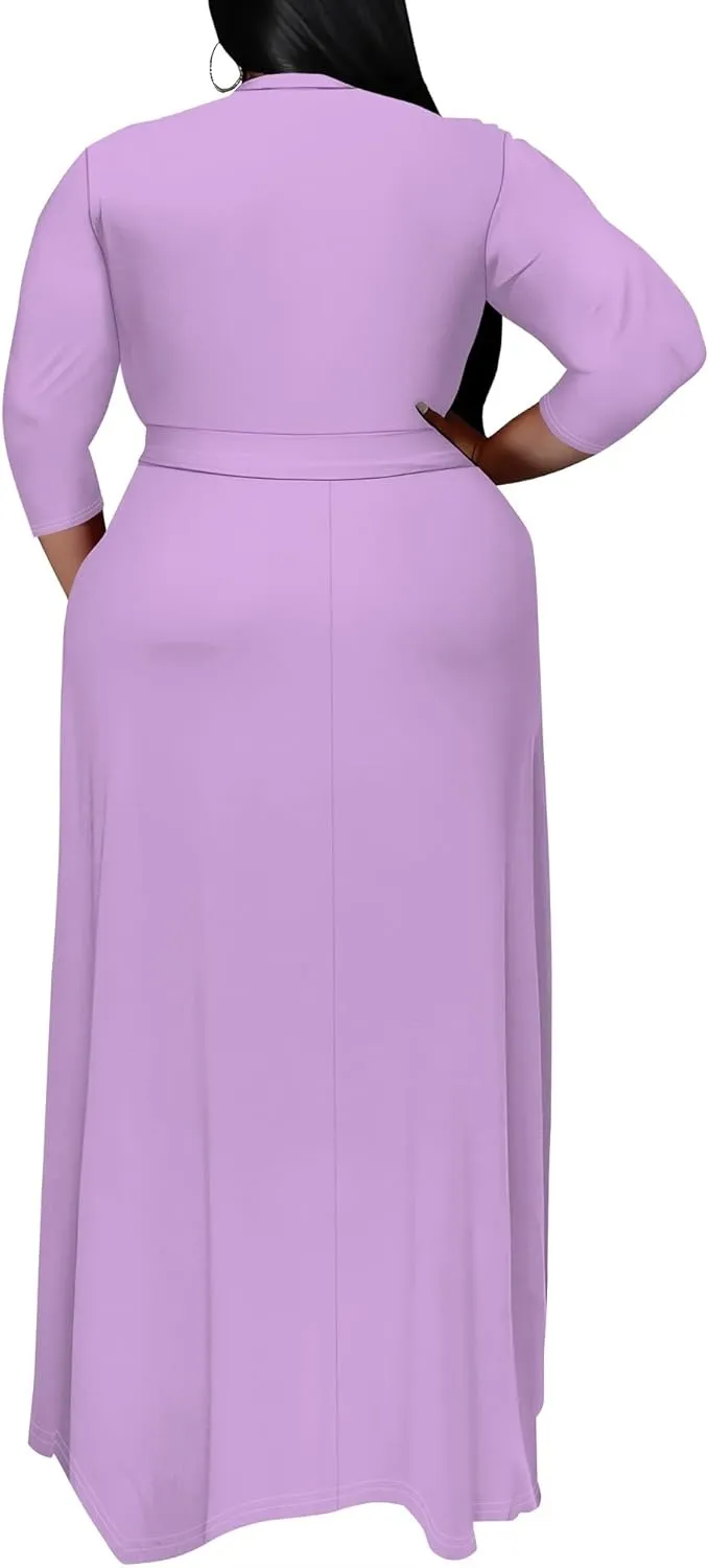 BXBY Women's 3/4 Sleeve A-line V Collar Flare Midi Long Dress Plus Size T Shirt Casual Dresses
