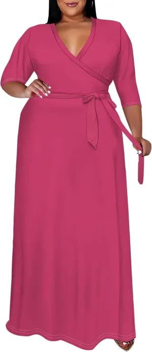 BXBY Women's 3/4 Sleeve A-line V Collar Flare Midi Long Dress Plus Size T Shirt Casual Dresses