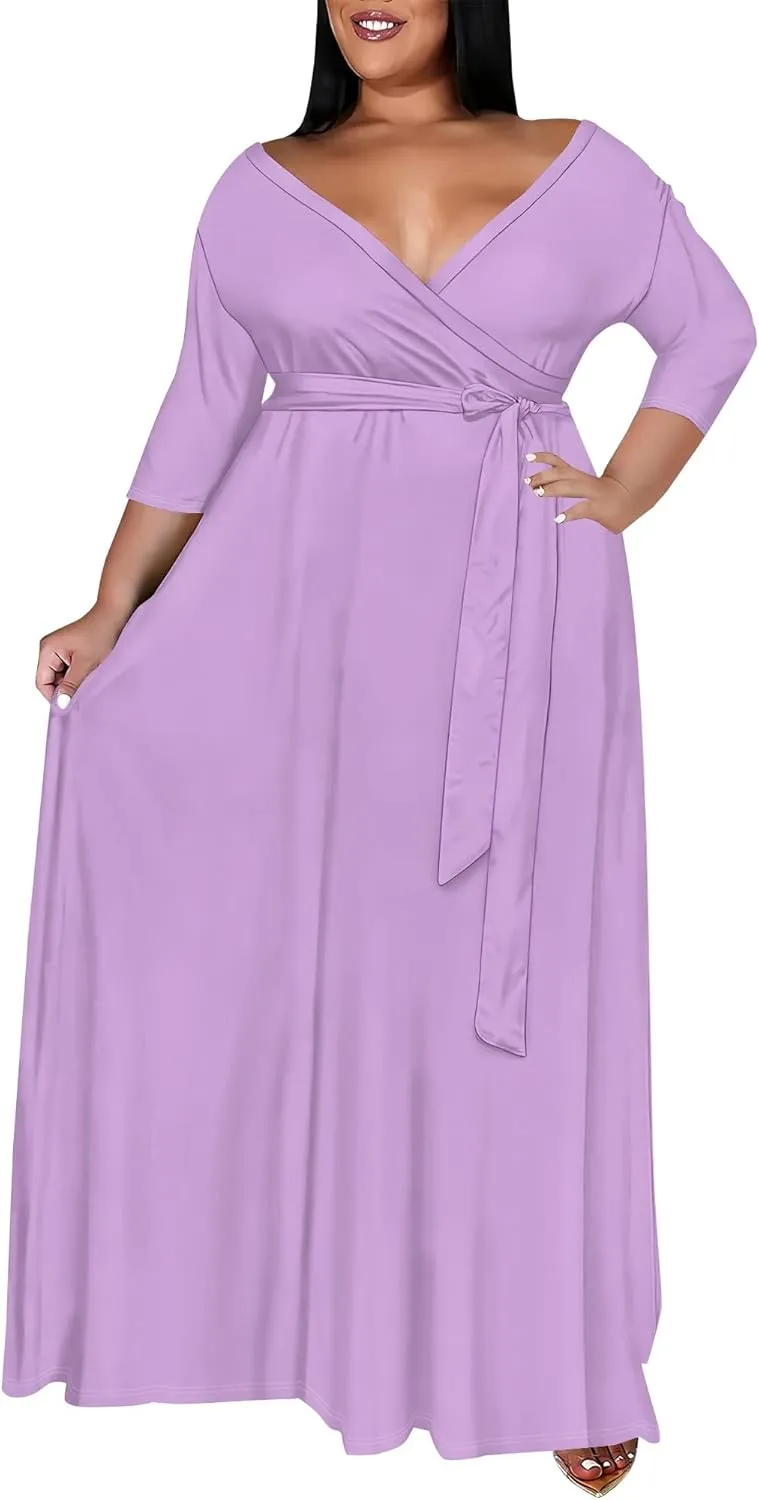 BXBY Women's 3/4 Sleeve A-line V Collar Flare Midi Long Dress Plus Size T Shirt Casual Dresses