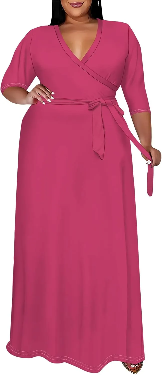 BXBY Women's 3/4 Sleeve A-line V Collar Flare Midi Long Dress Plus Size T Shirt Casual Dresses