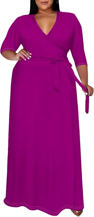 BXBY Women's 3/4 Sleeve A-line V Collar Flare Midi Long Dress Plus Size T Shirt Casual Dresses