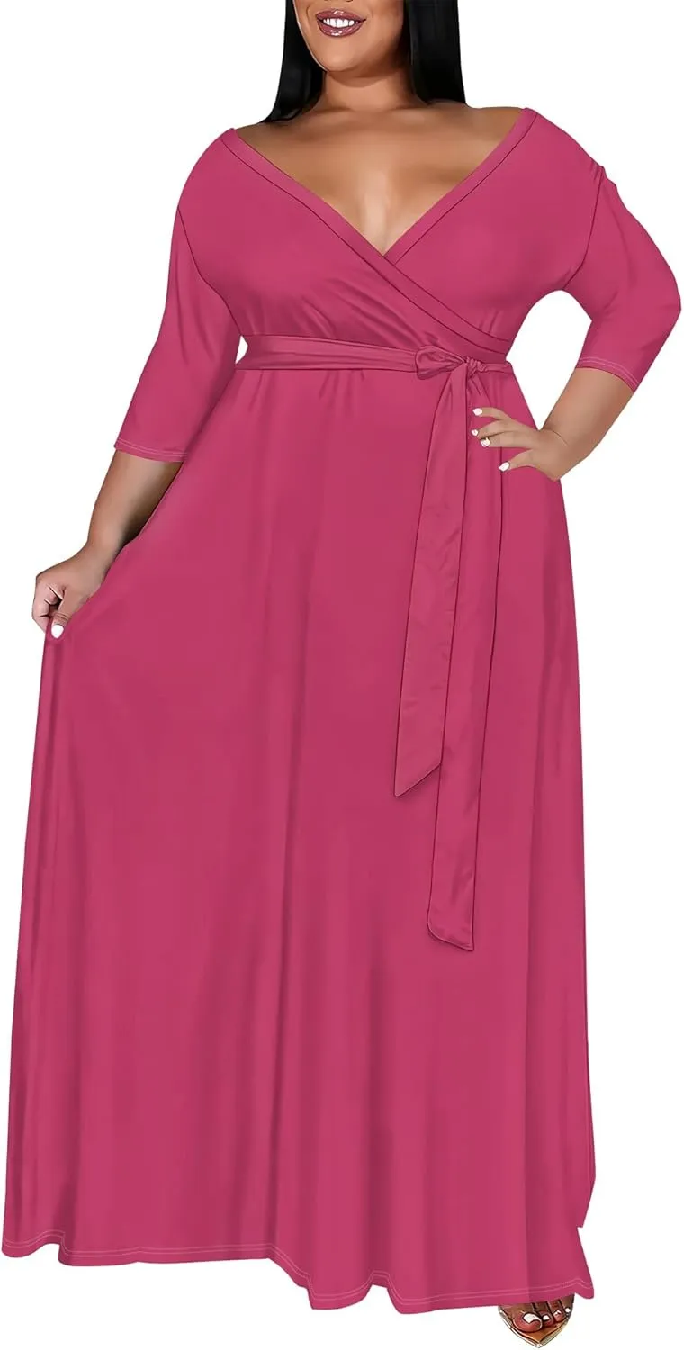BXBY Women's 3/4 Sleeve A-line V Collar Flare Midi Long Dress Plus Size T Shirt Casual Dresses