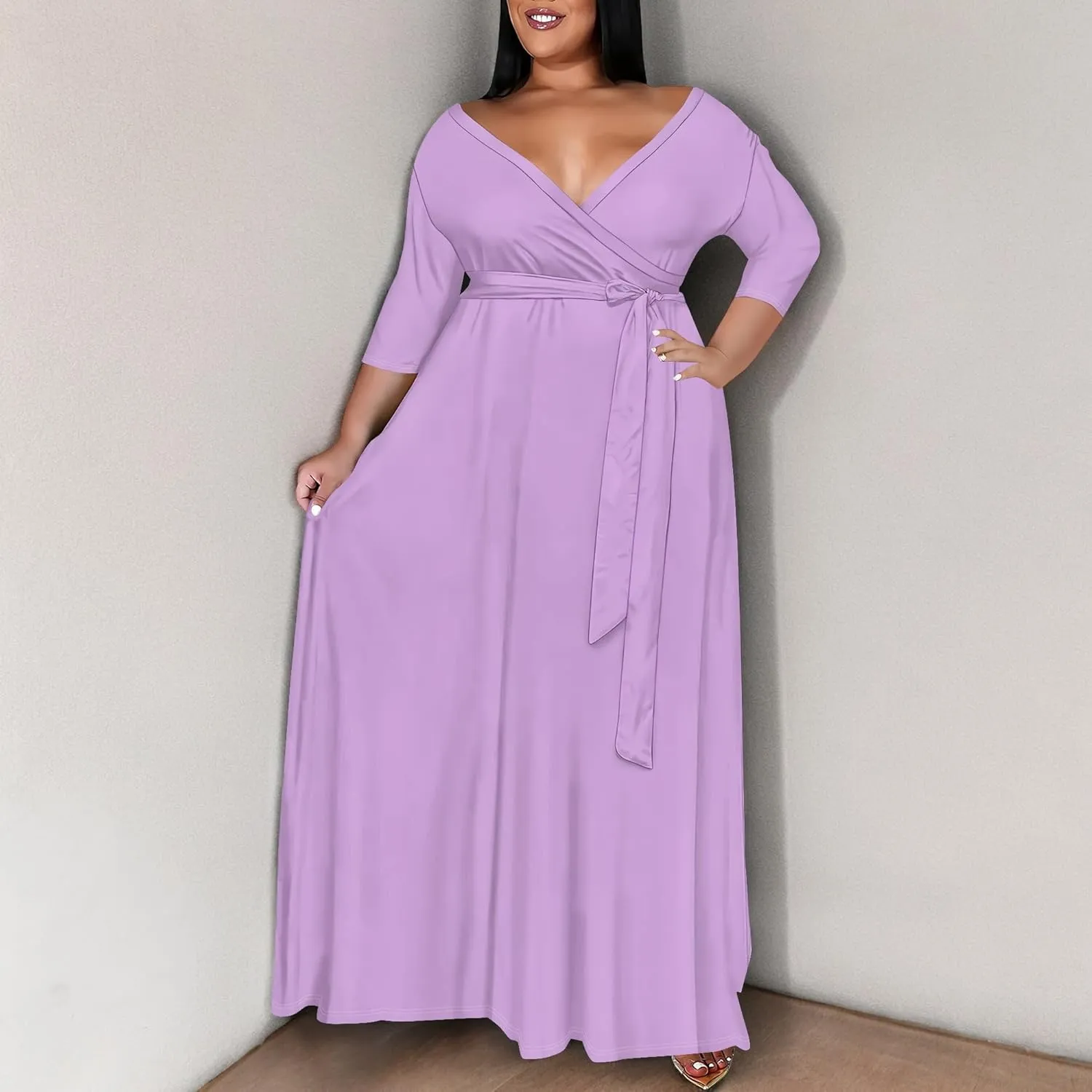 BXBY Women's 3/4 Sleeve A-line V Collar Flare Midi Long Dress Plus Size T Shirt Casual Dresses