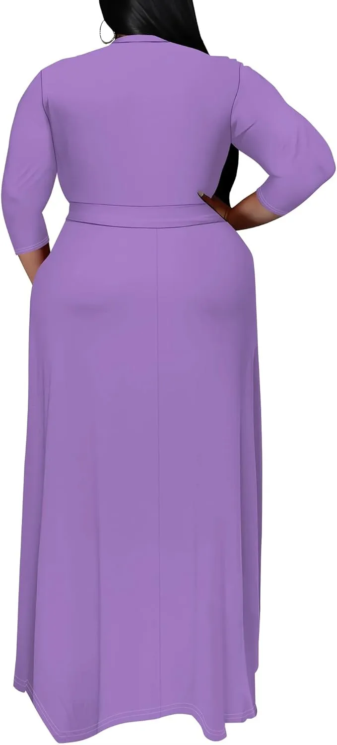 BXBY Women's 3/4 Sleeve A-line V Collar Flare Midi Long Dress Plus Size T Shirt Casual Dresses