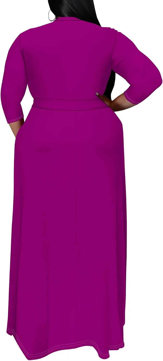 BXBY Women's 3/4 Sleeve A-line V Collar Flare Midi Long Dress Plus Size T Shirt Casual Dresses