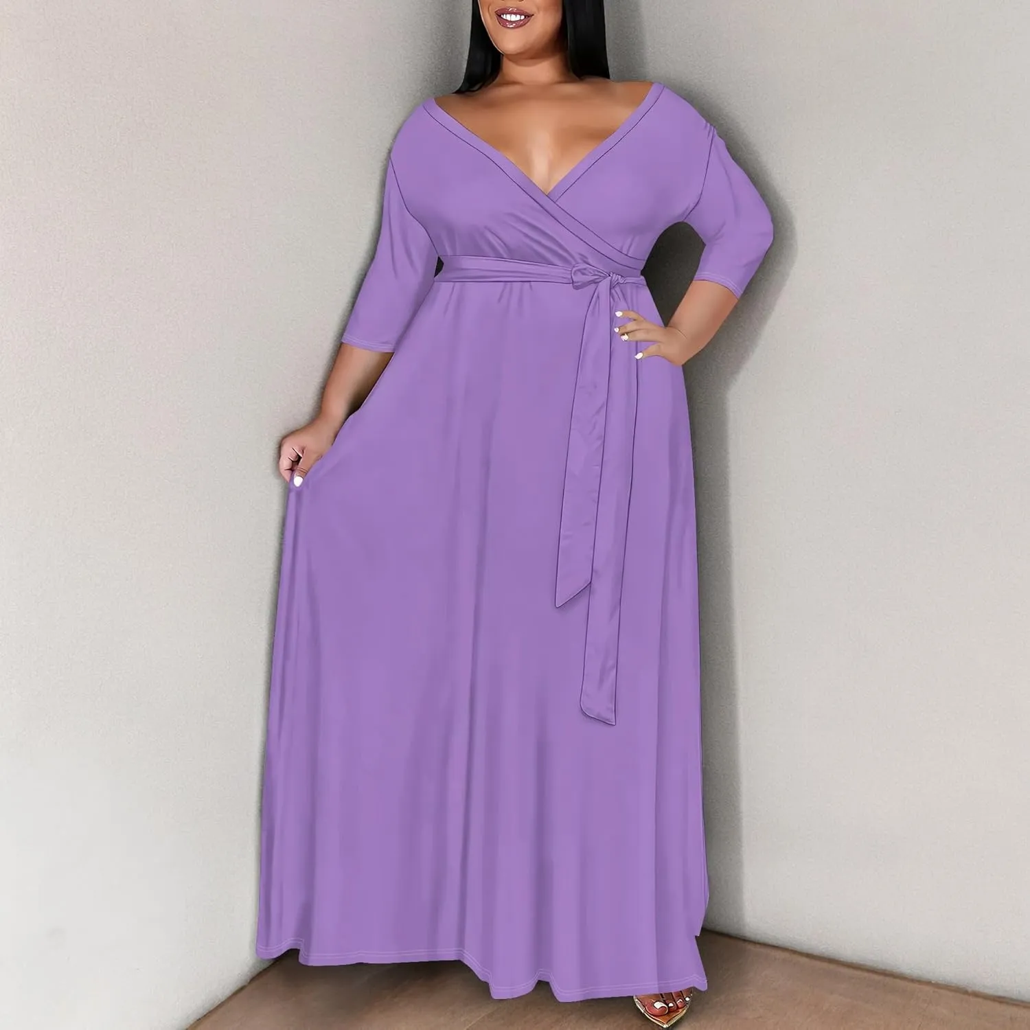 BXBY Women's 3/4 Sleeve A-line V Collar Flare Midi Long Dress Plus Size T Shirt Casual Dresses