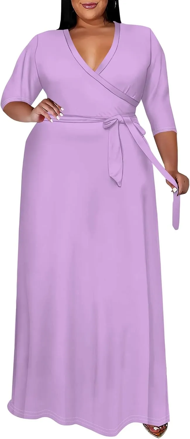 BXBY Women's 3/4 Sleeve A-line V Collar Flare Midi Long Dress Plus Size T Shirt Casual Dresses