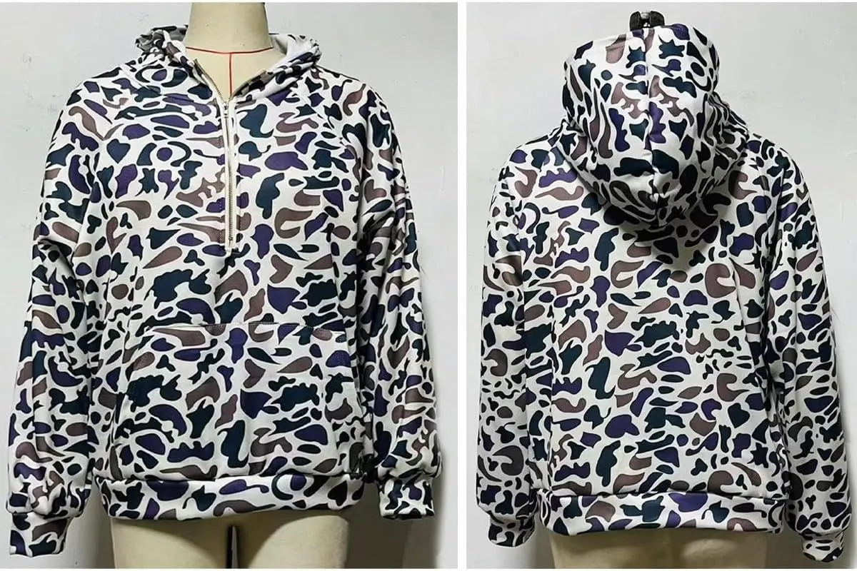 Camo Hoodie Y2k Quarter Zip Pullover Sweater Women Oversized Cute Hoodie Colorful Patchwork Cow Print Hoodies