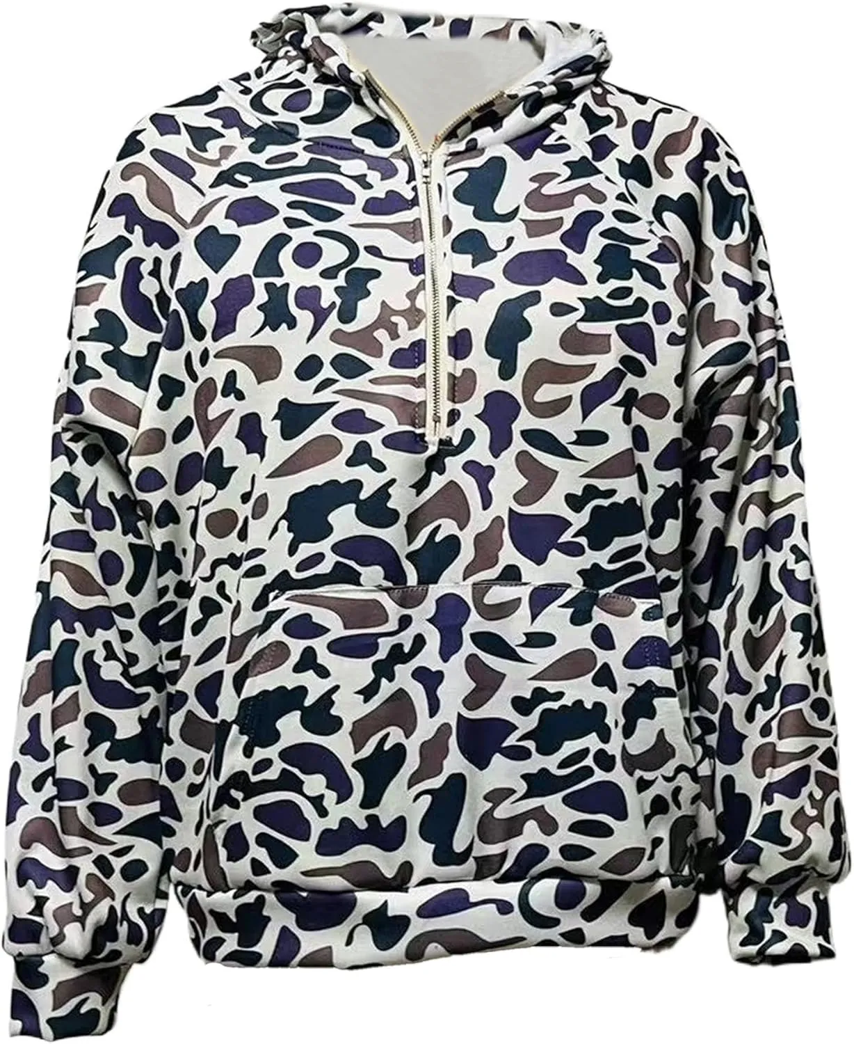 Camo Hoodie Y2k Quarter Zip Pullover Sweater Women Oversized Cute Hoodie Colorful Patchwork Cow Print Hoodies
