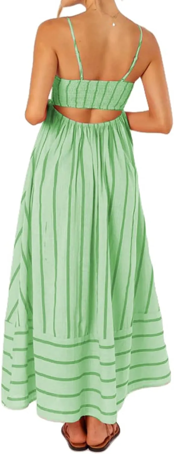 Canbebig Flowy Dresses for Women Sleeveless Striped Maxi Dress Spaghetti Strap Cut Out Flowy Dress Flowy Swing Sundress
