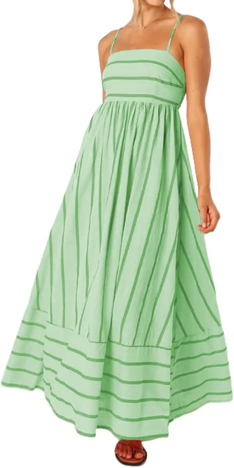 Canbebig Flowy Dresses for Women Sleeveless Striped Maxi Dress Spaghetti Strap Cut Out Flowy Dress Flowy Swing Sundress