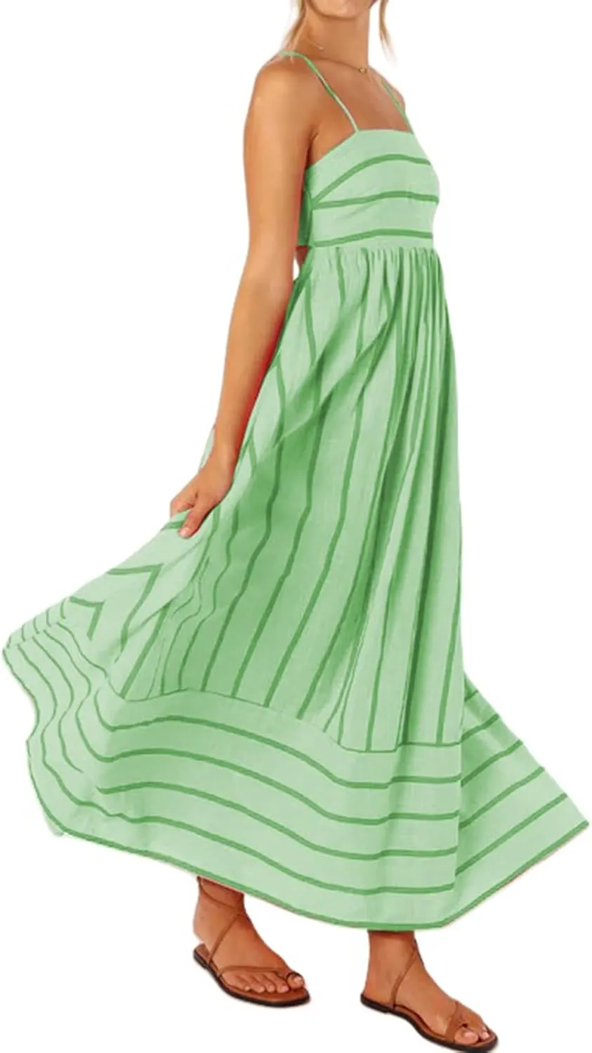 Canbebig Flowy Dresses for Women Sleeveless Striped Maxi Dress Spaghetti Strap Cut Out Flowy Dress Flowy Swing Sundress