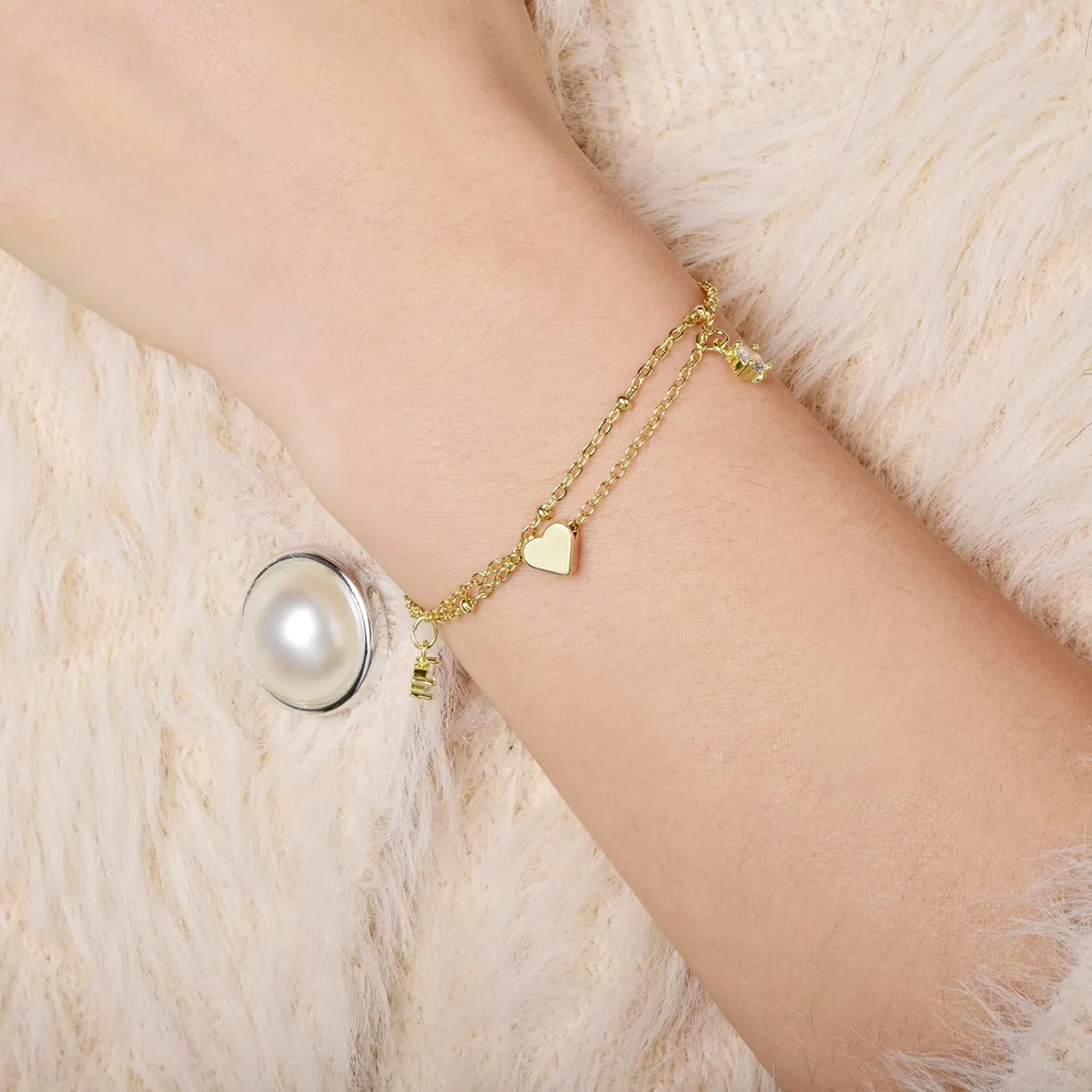 CANDYFANCY Danity Gold Bracelets For Women Heart Chain Bracelets Pearl Beaded Bracelets Stacked Stainless Steel Double Layered Bracelets Fashion Jewelry Birthday Gifts For Sister Her