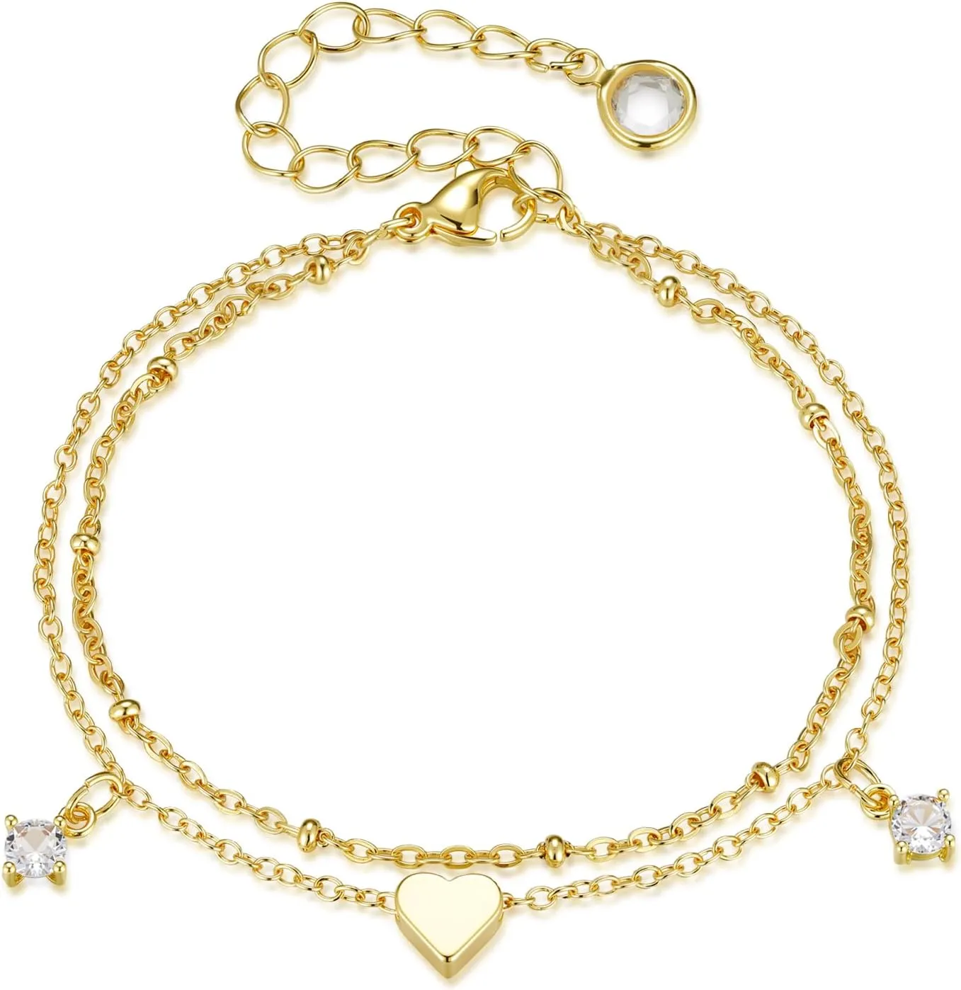 CANDYFANCY Danity Gold Bracelets For Women Heart Chain Bracelets Pearl Beaded Bracelets Stacked Stainless Steel Double Layered Bracelets Fashion Jewelry Birthday Gifts For Sister Her