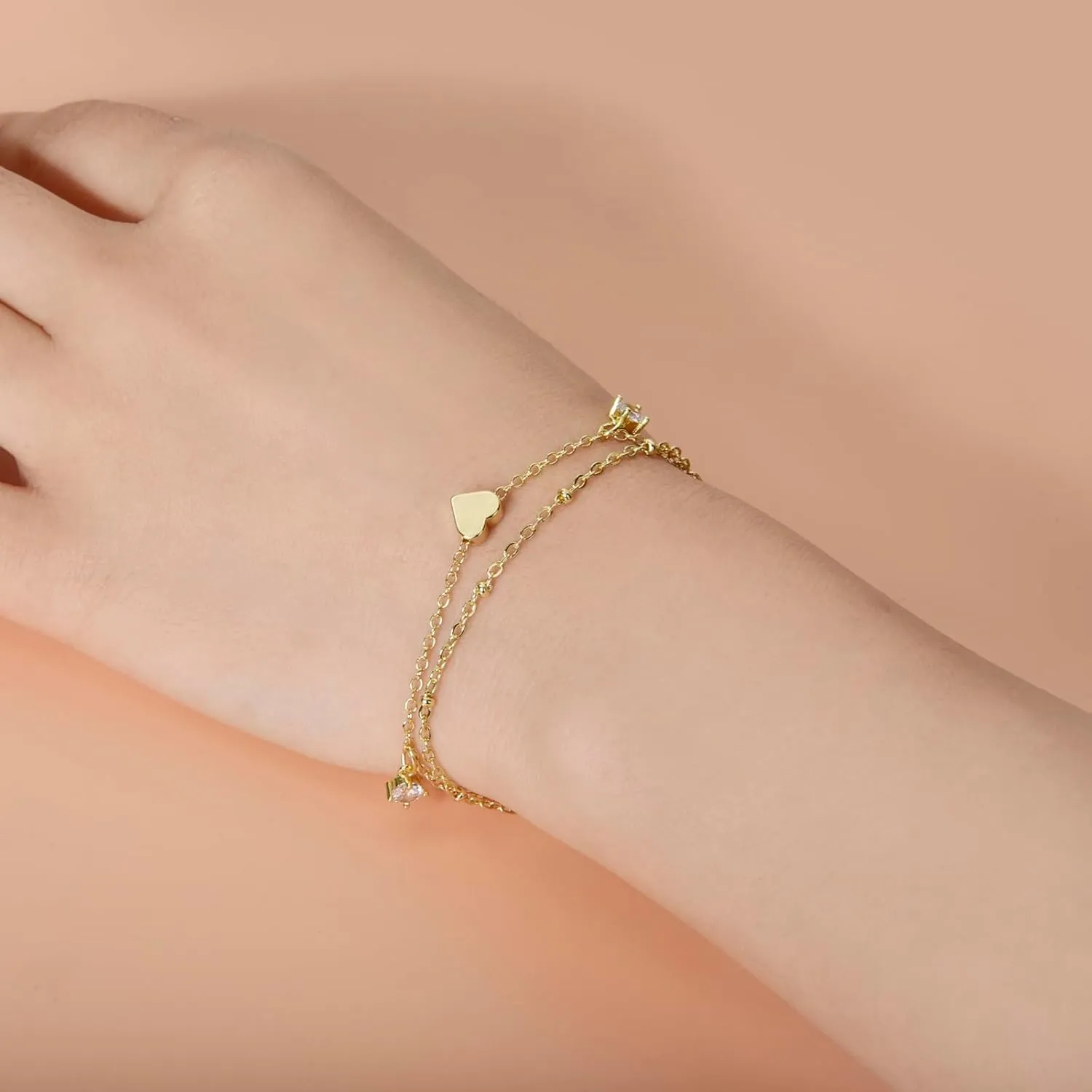 CANDYFANCY Danity Gold Bracelets For Women Heart Chain Bracelets Pearl Beaded Bracelets Stacked Stainless Steel Double Layered Bracelets Fashion Jewelry Birthday Gifts For Sister Her