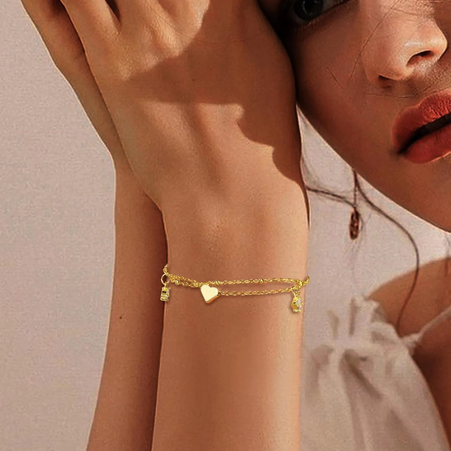 CANDYFANCY Danity Gold Bracelets For Women Heart Chain Bracelets Pearl Beaded Bracelets Stacked Stainless Steel Double Layered Bracelets Fashion Jewelry Birthday Gifts For Sister Her