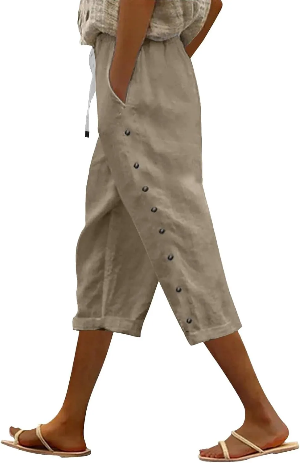 Capri Linen Pants Women Casual Summer Drawstring Elastic High Waist Linen Pant Straight Wide Leg Cropped