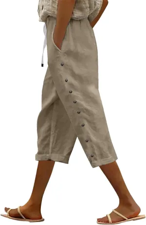Capri Linen Pants Women Casual Summer Drawstring Elastic High Waist Linen Pant Straight Wide Leg Cropped