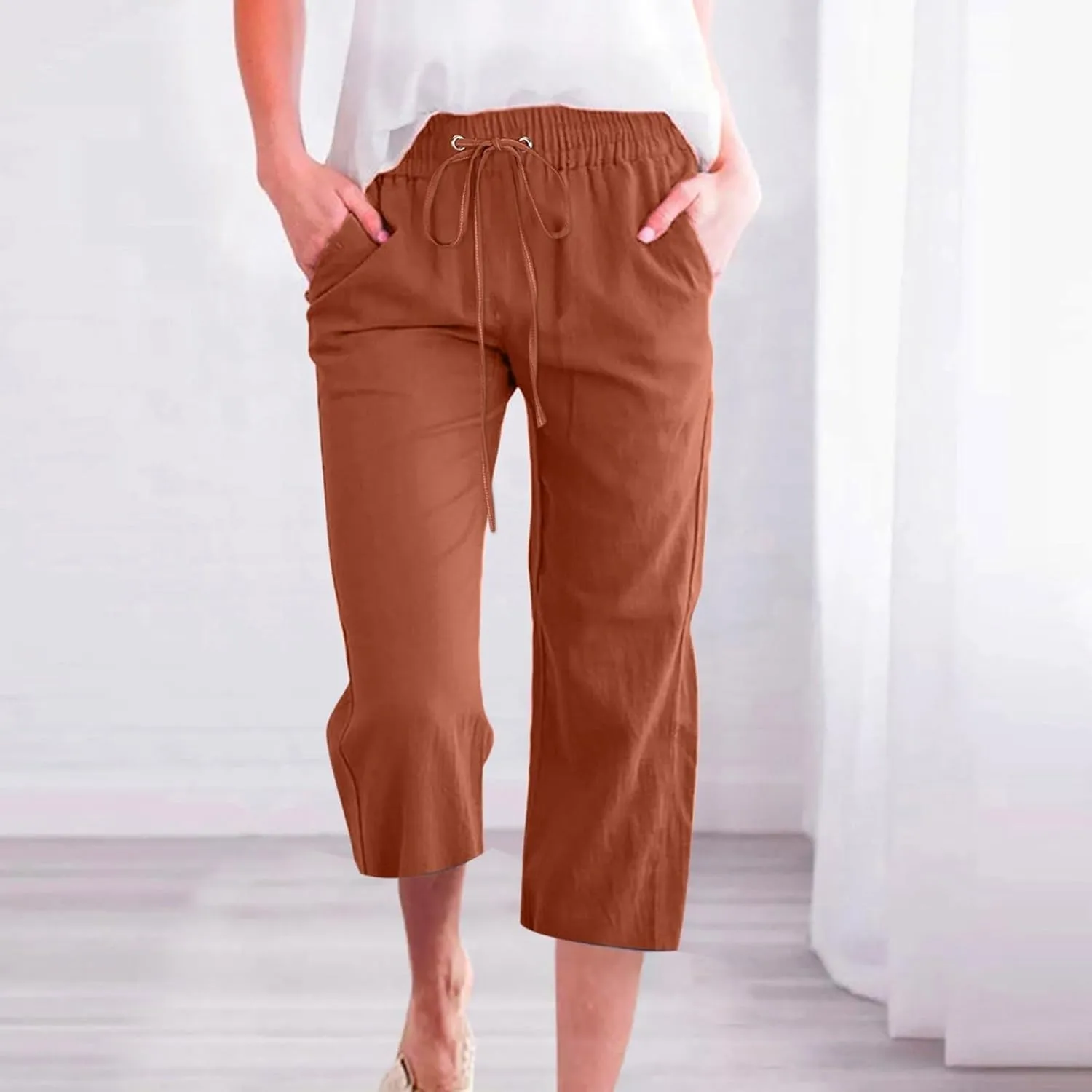 Capri Linen Pants Women Summer Casual 2025 Travel Drawstring Elastic High Waist Straight Wide Leg Cropped Trousers