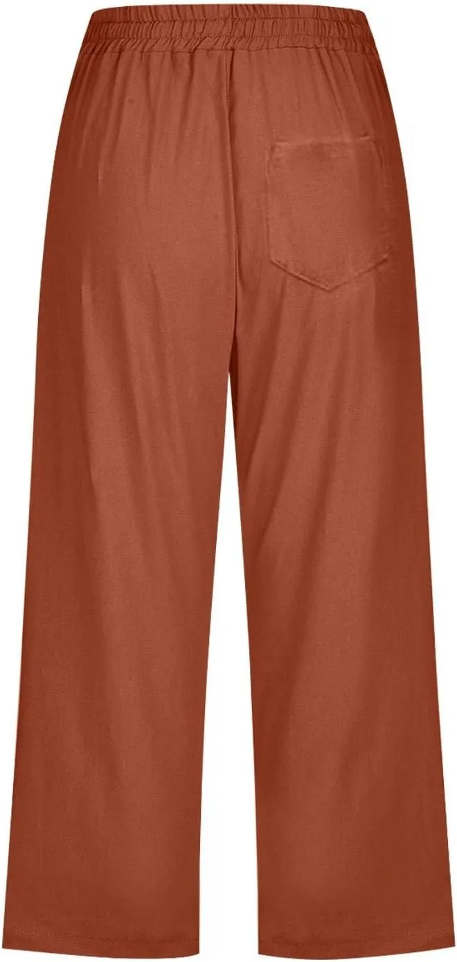 Capri Linen Pants Women Summer Casual 2025 Travel Drawstring Elastic High Waist Straight Wide Leg Cropped Trousers