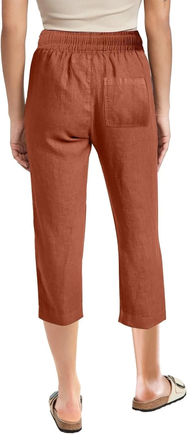 Capri Linen Pants Women Summer Casual 2025 Travel Drawstring Elastic High Waist Straight Wide Leg Cropped Trousers