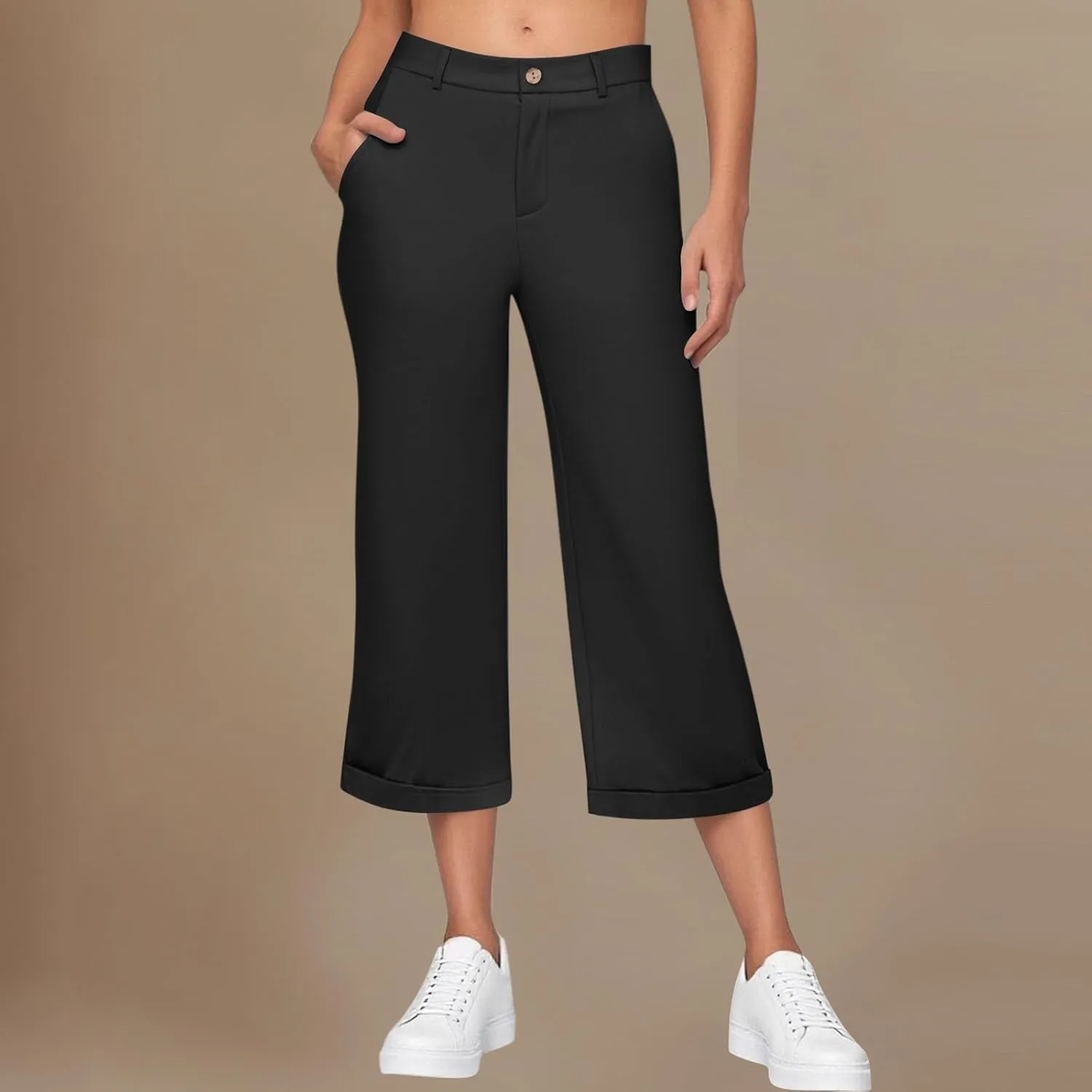 Capri Pants for Women Zip-Up Casual Dressy Pants with Pockets 2025 Trendy Plain Suit Trousers Loose Back Elastic Waist Capris