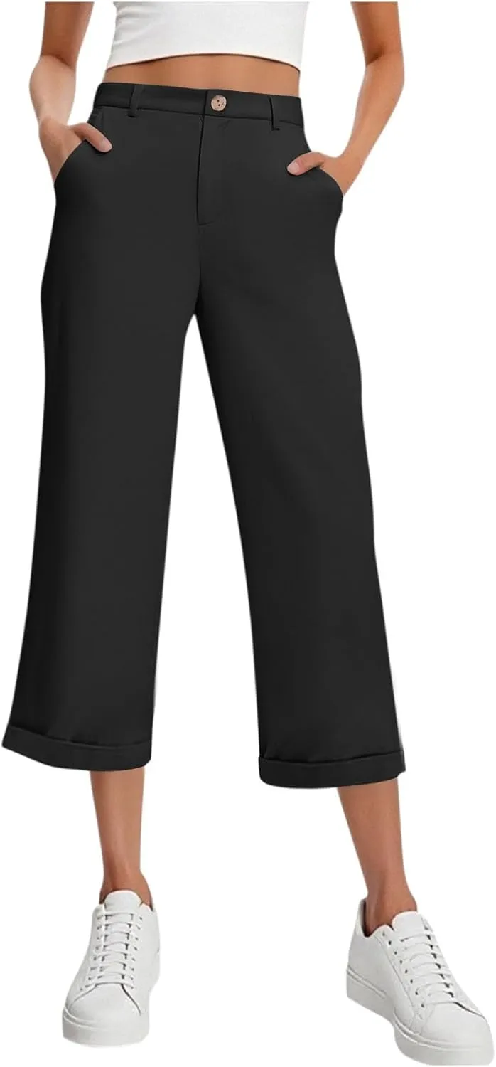 Capri Pants for Women Zip-Up Casual Dressy Pants with Pockets 2025 Trendy Plain Suit Trousers Loose Back Elastic Waist Capris