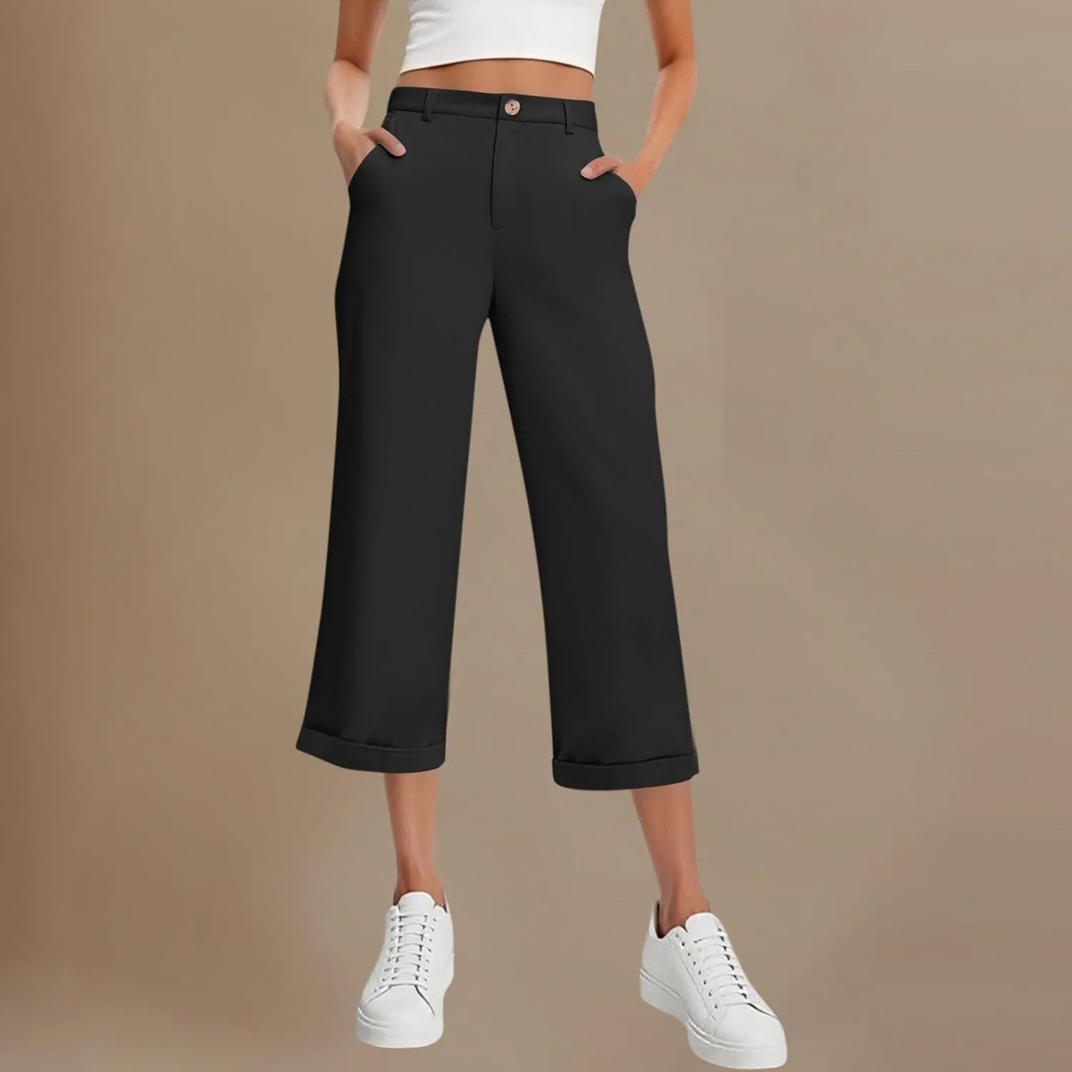 Capri Pants for Women Zip-Up Casual Dressy Pants with Pockets 2025 Trendy Plain Suit Trousers Loose Back Elastic Waist Capris