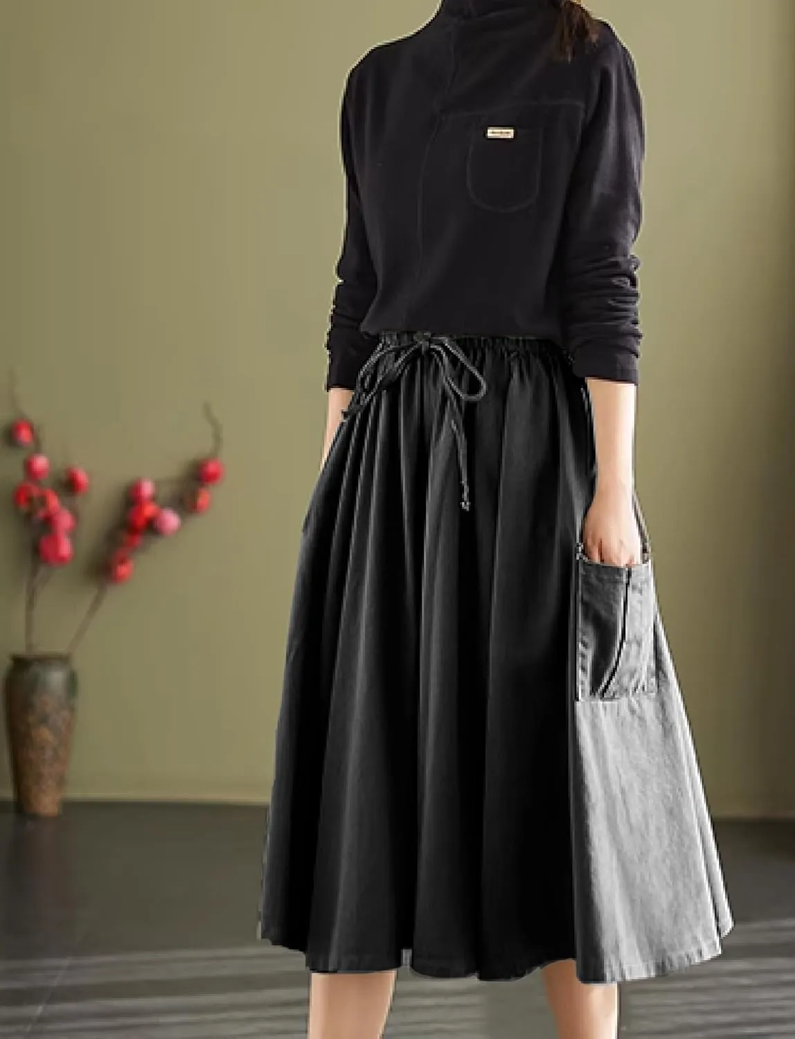 Cargo Maxi Skirt Women's Casual Elastic Waist Pleated A-Line Knee Length Skirt with Pocket for Work & Daily