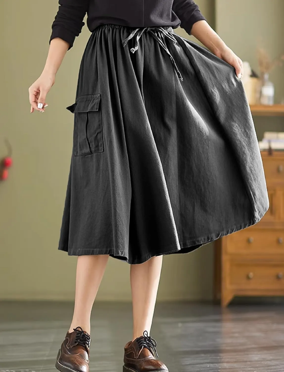 Cargo Maxi Skirt Women's Casual Elastic Waist Pleated A-Line Knee Length Skirt with Pocket for Work & Daily