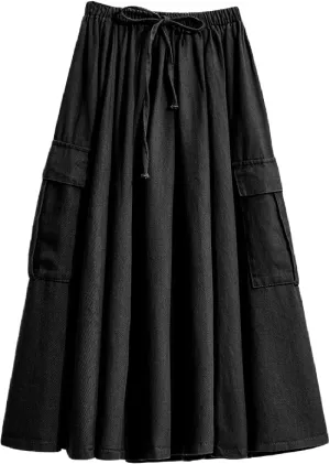 Cargo Maxi Skirt Women's Casual Elastic Waist Pleated A-Line Knee Length Skirt with Pocket for Work & Daily