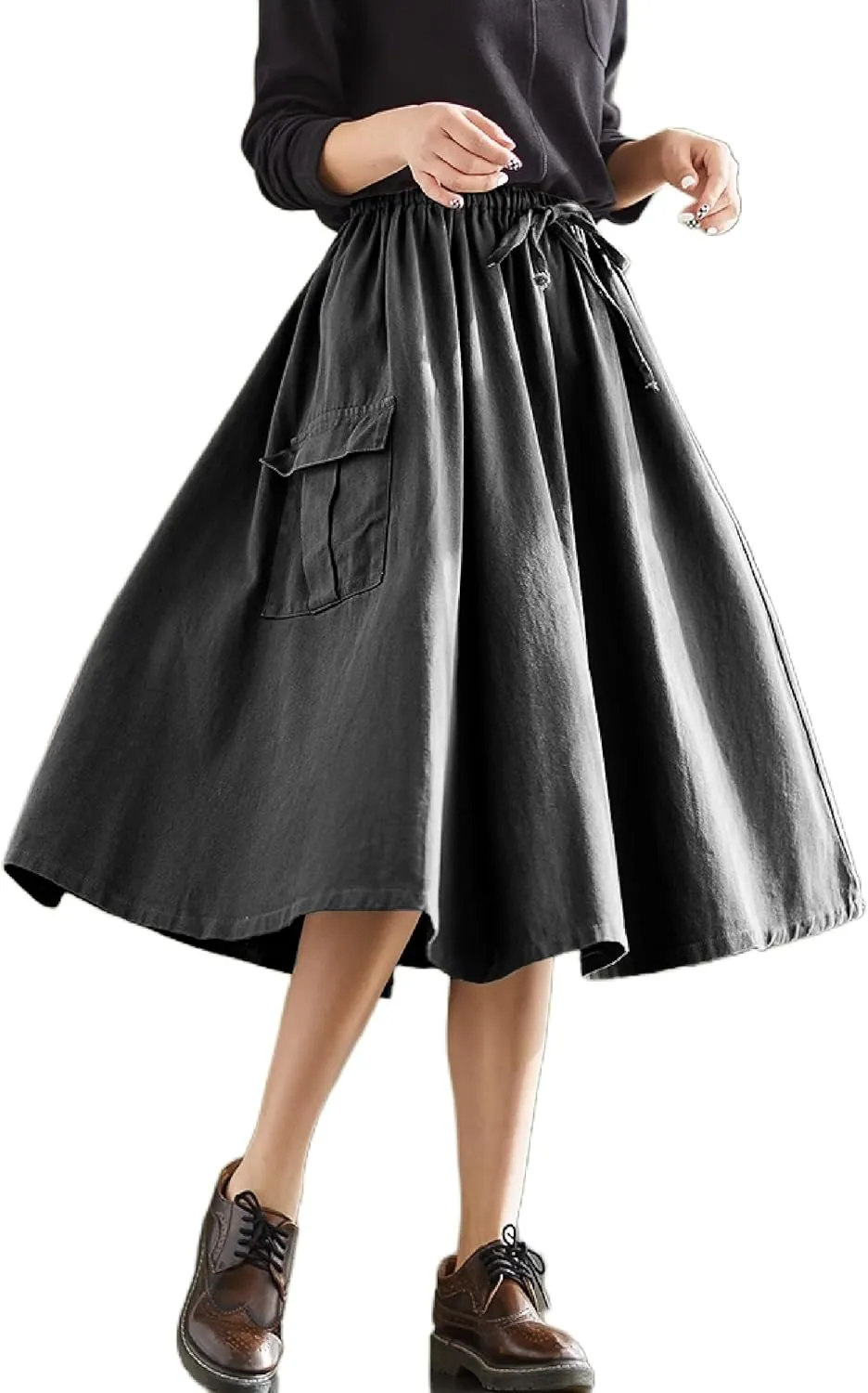 Cargo Maxi Skirt Women's Casual Elastic Waist Pleated A-Line Knee Length Skirt with Pocket for Work & Daily
