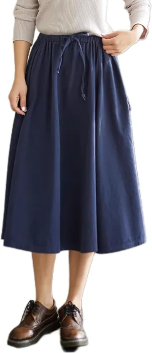 Cargo Maxi Skirt Women's Casual Elastic Waist Pleated A-Line Knee Length Skirt with Pocket for Work & Daily