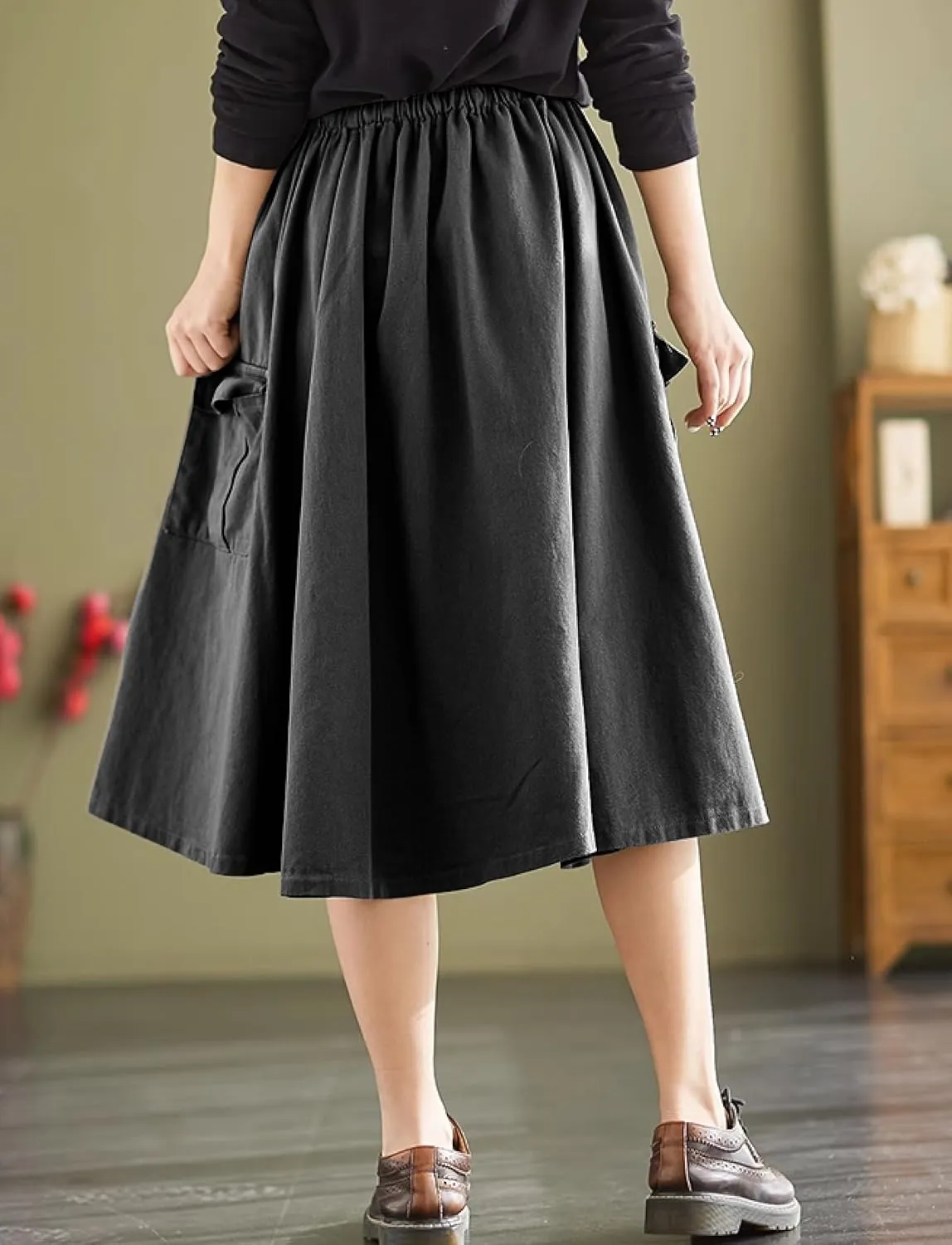 Cargo Maxi Skirt Women's Casual Elastic Waist Pleated A-Line Knee Length Skirt with Pocket for Work & Daily