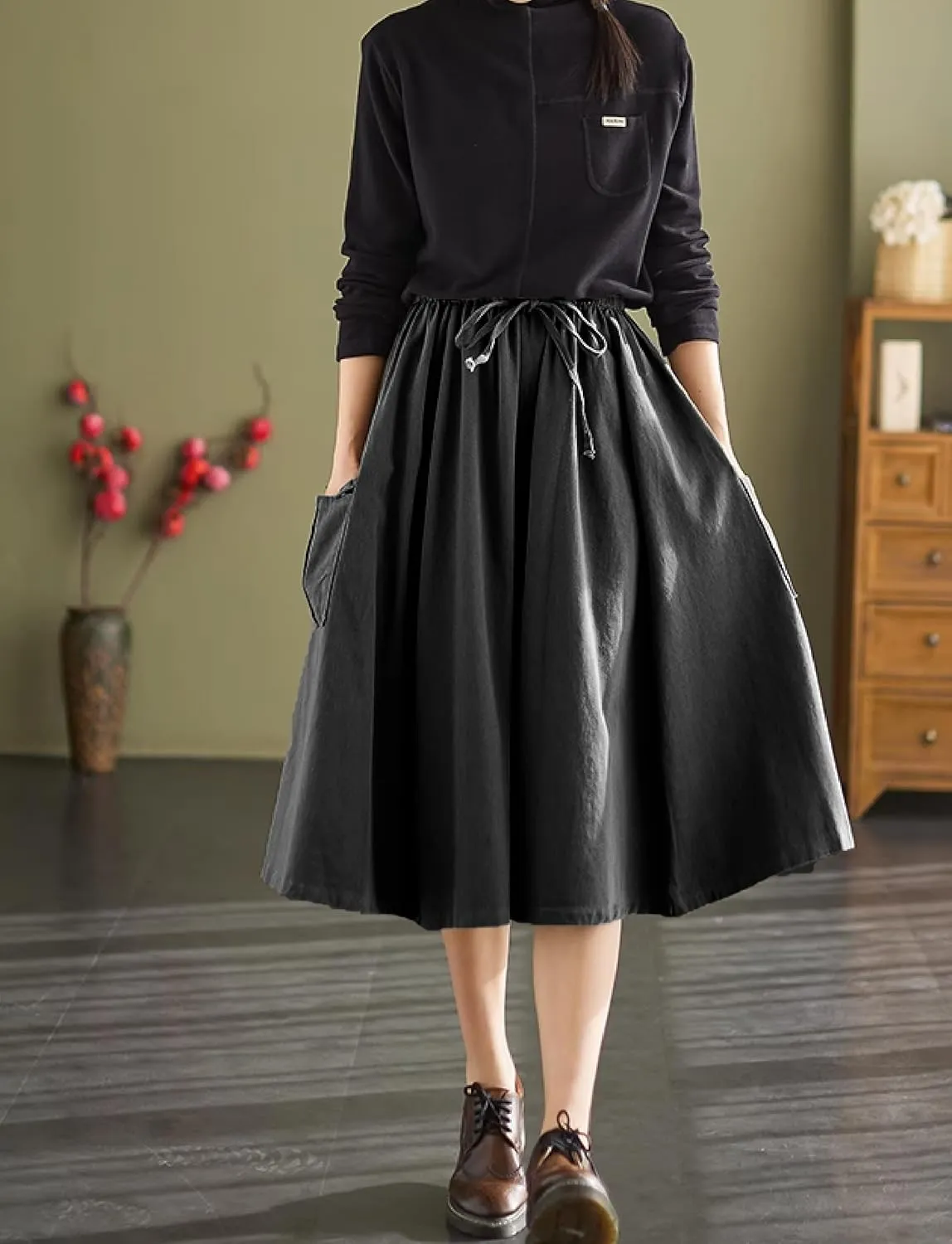 Cargo Maxi Skirt Women's Casual Elastic Waist Pleated A-Line Knee Length Skirt with Pocket for Work & Daily