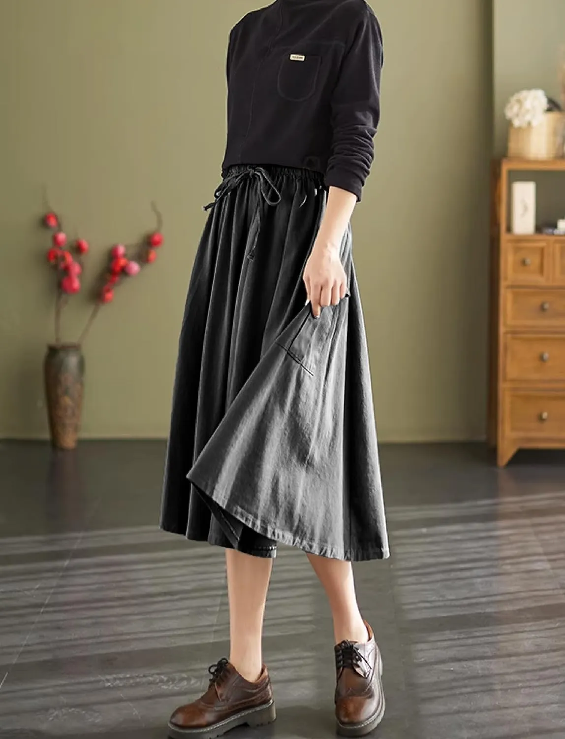 Cargo Maxi Skirt Women's Casual Elastic Waist Pleated A-Line Knee Length Skirt with Pocket for Work & Daily