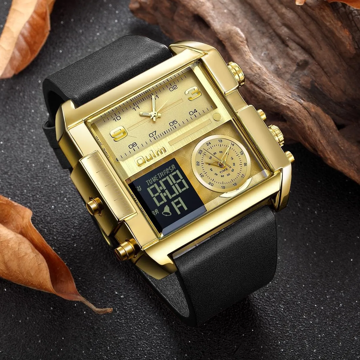CARLIEN Men's Square Large Face LED Backlight Multi-Time Zone Stopwatch Waterproof Watches Wrist Watches Analog Digital Sports Watch
