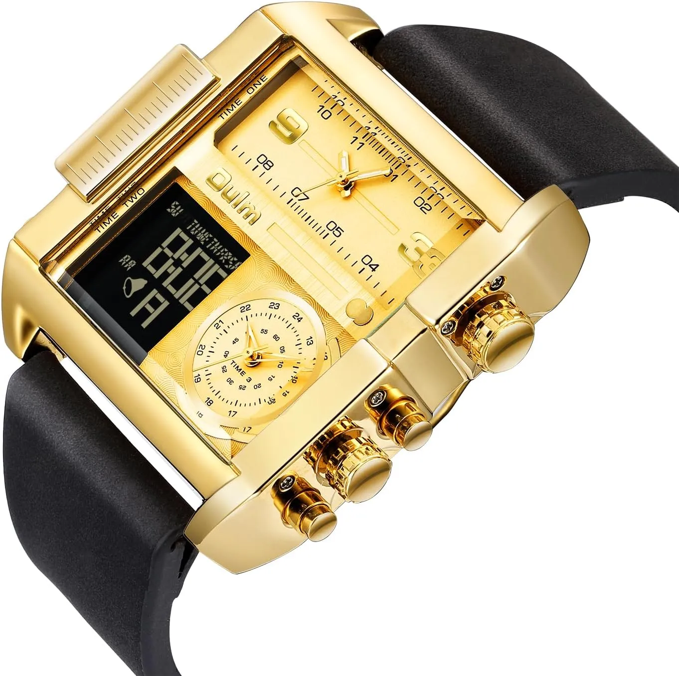 CARLIEN Men's Square Large Face LED Backlight Multi-Time Zone Stopwatch Waterproof Watches Wrist Watches Analog Digital Sports Watch