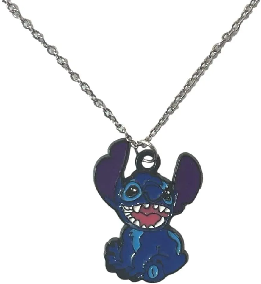 Cartoon Blue Alien Stitch Character Smiling Charm Pendant Necklace