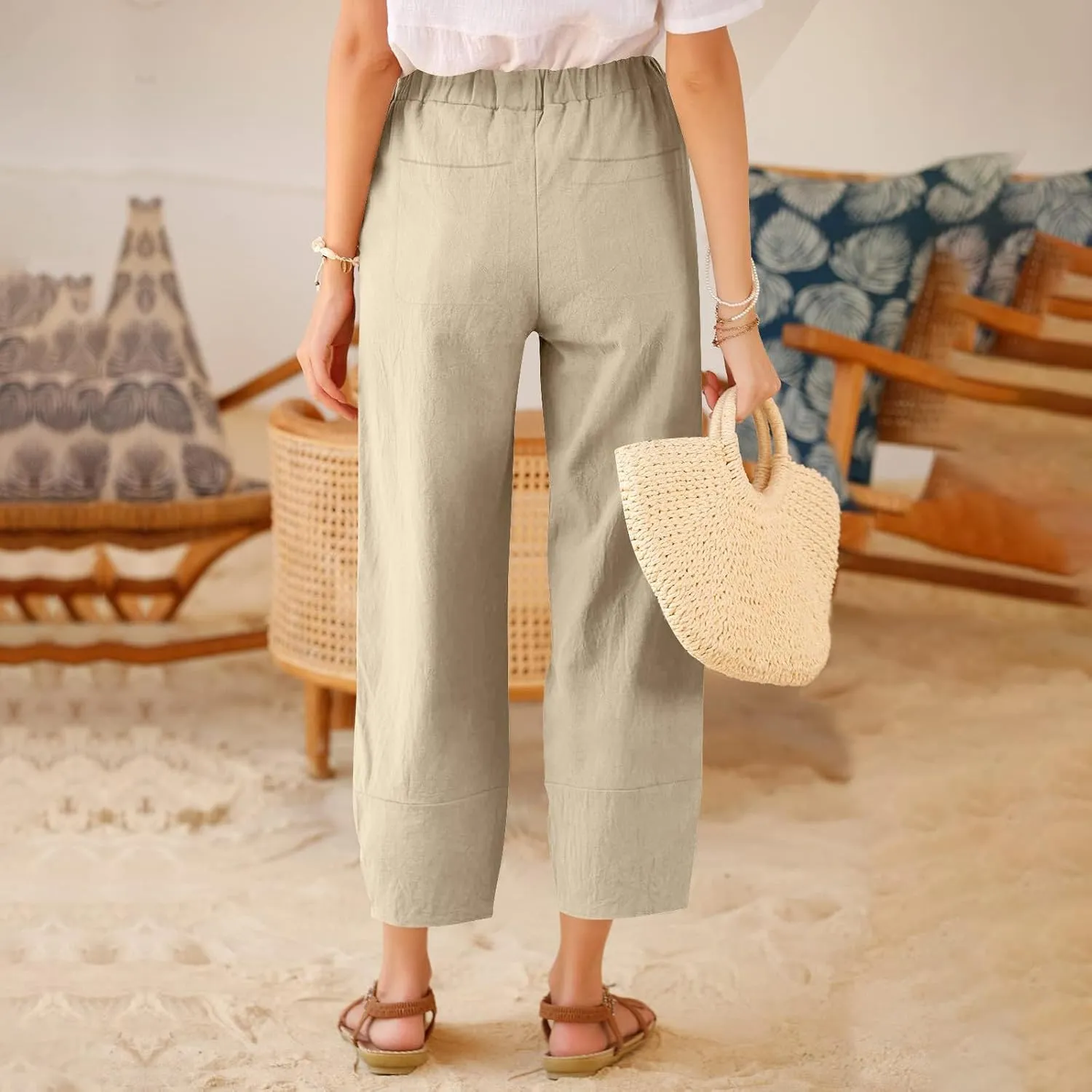 Casual Pants for Women Summer Baggy Ruffle Hem Straight Leg Pants Lightweight Loose Elastic Waist Trouser with Pockets
