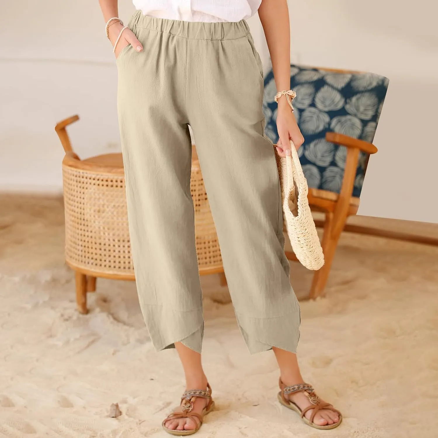 Casual Pants for Women Summer Baggy Ruffle Hem Straight Leg Pants Lightweight Loose Elastic Waist Trouser with Pockets