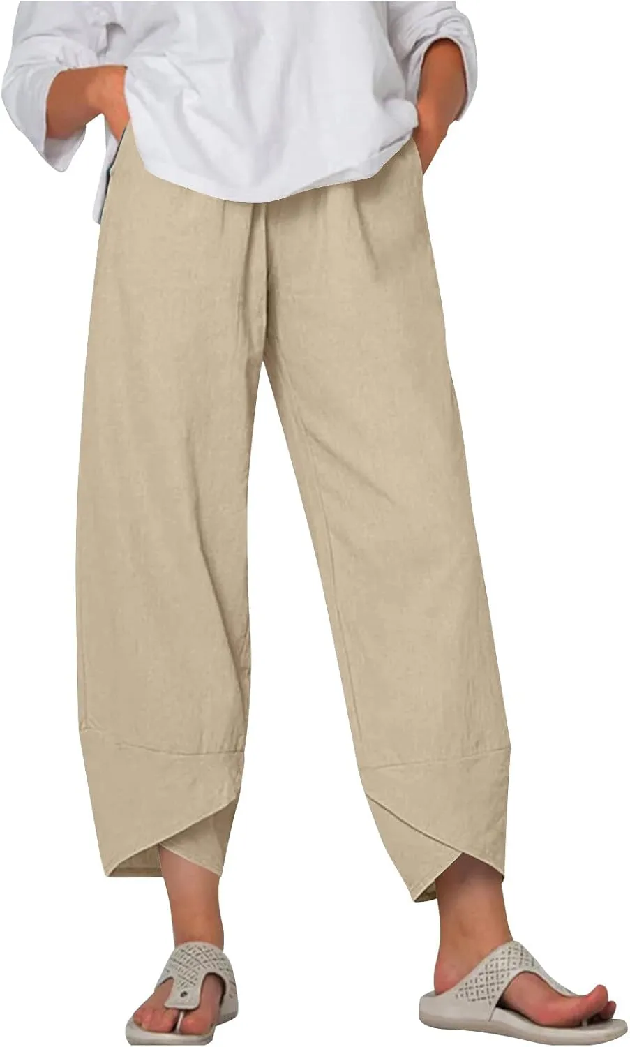 Casual Pants for Women Summer Baggy Ruffle Hem Straight Leg Pants Lightweight Loose Elastic Waist Trouser with Pockets