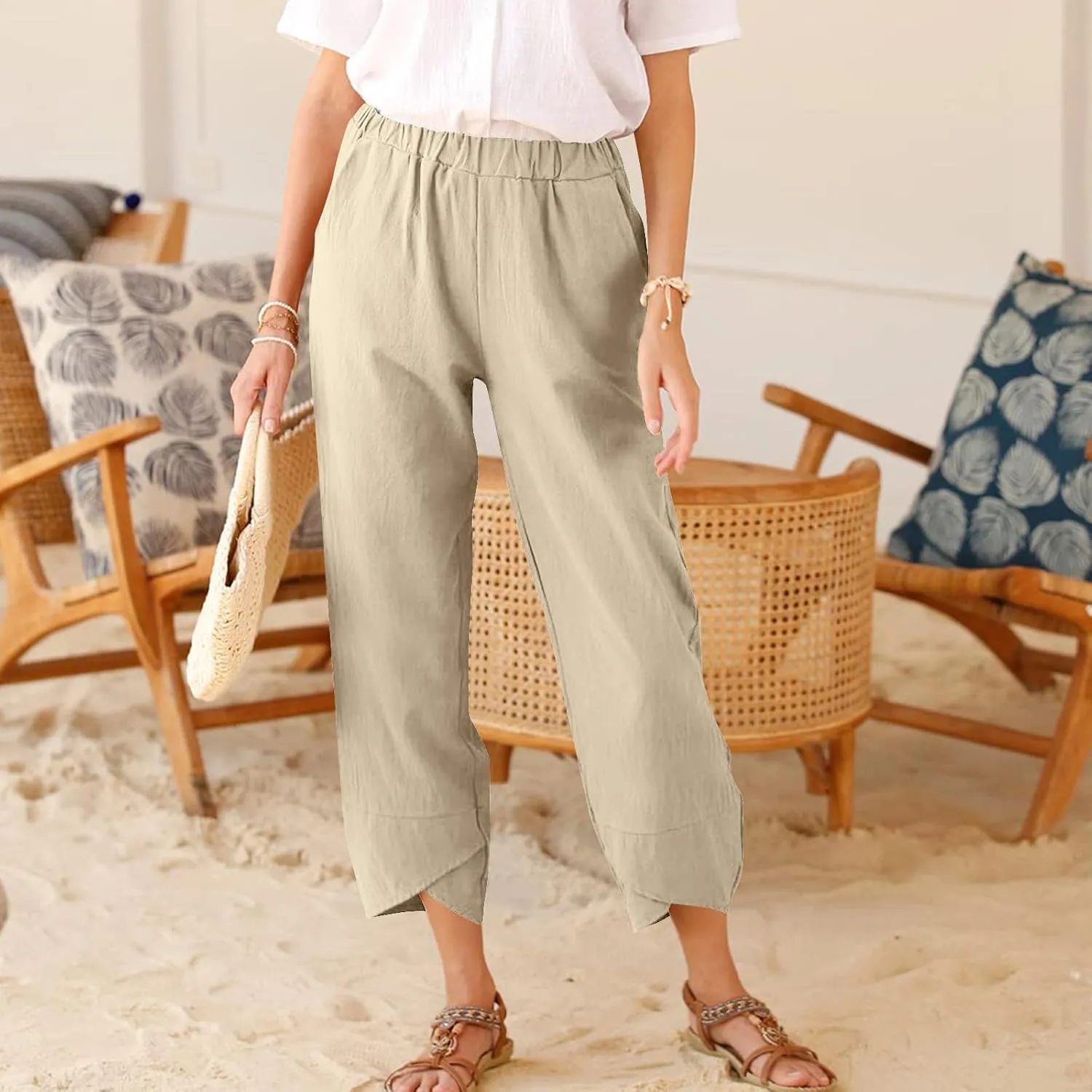 Casual Pants for Women Summer Baggy Ruffle Hem Straight Leg Pants Lightweight Loose Elastic Waist Trouser with Pockets