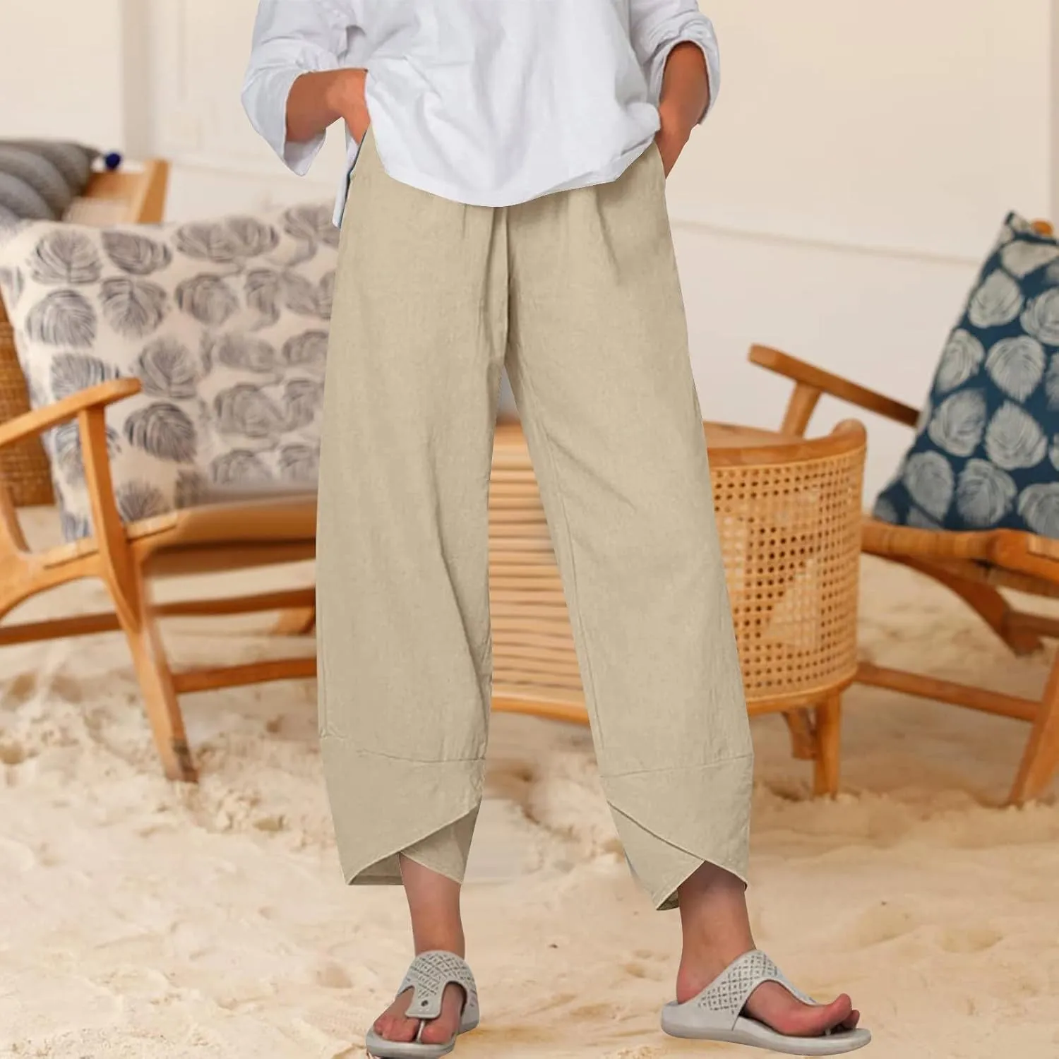 Casual Pants for Women Summer Baggy Ruffle Hem Straight Leg Pants Lightweight Loose Elastic Waist Trouser with Pockets