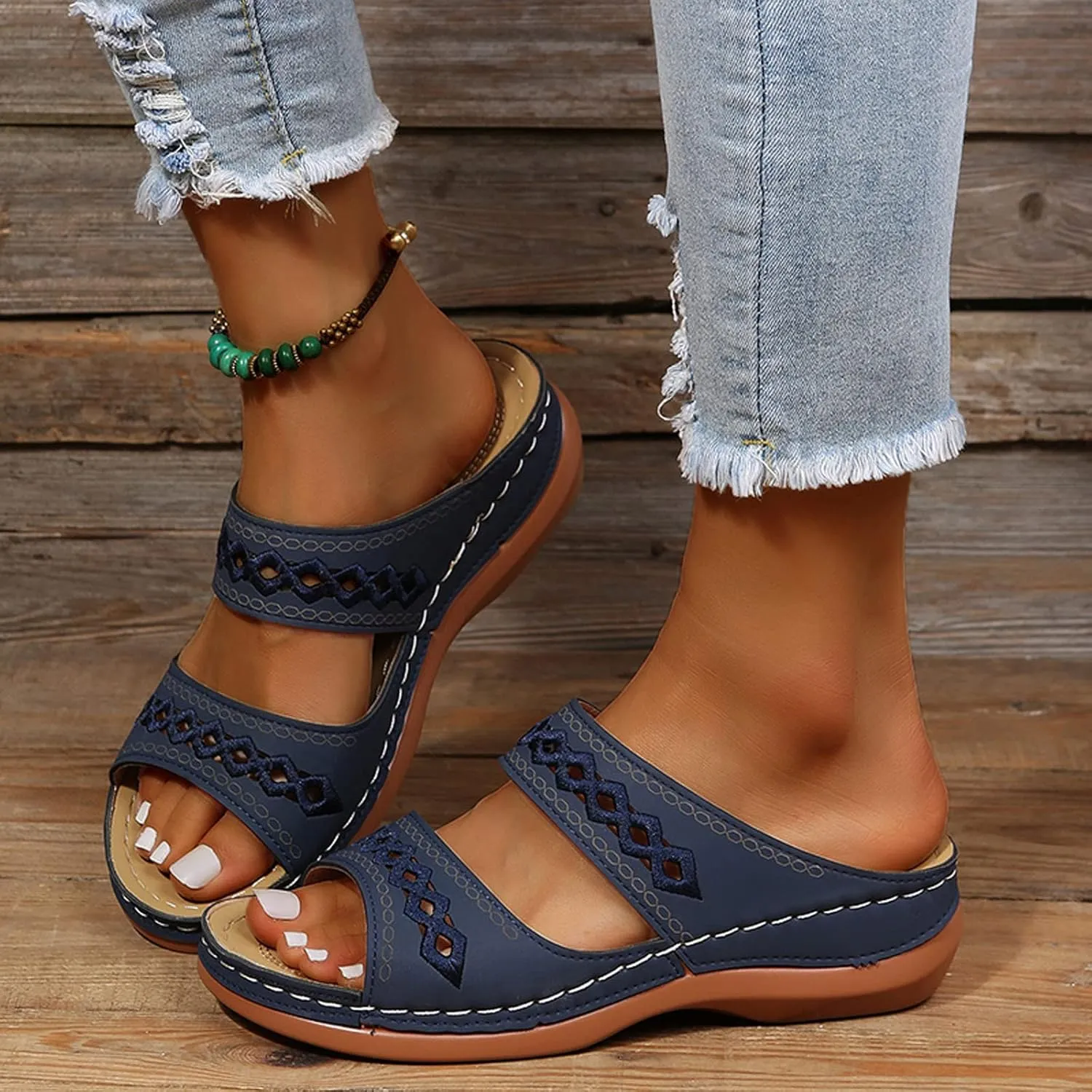 Cathalem Summer Sandals for Women 2024 Wide Black Flats Shoes Women Dressy Sandals Womens Slippers with Arch Support