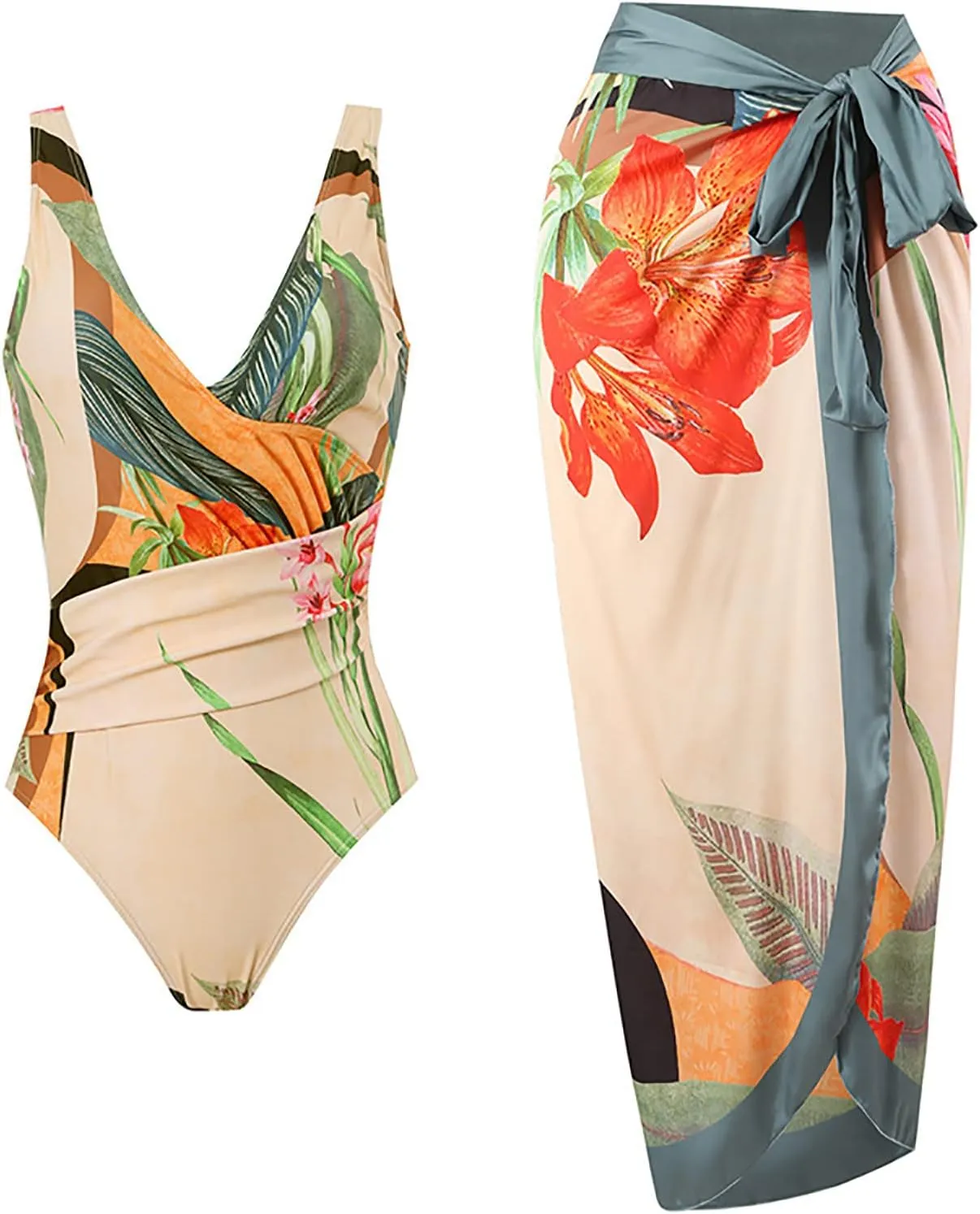 Cbcbtwo One Piece Bathing Suit for Women with Bikini Maxi Wrap Skirts 2 Piece Floral Print Swimsuit Tummy Control Tankini Set