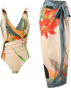 Cbcbtwo One Piece Bathing Suit for Women with Bikini Maxi Wrap Skirts 2 Piece Floral Print Swimsuit Tummy Control Tankini Set