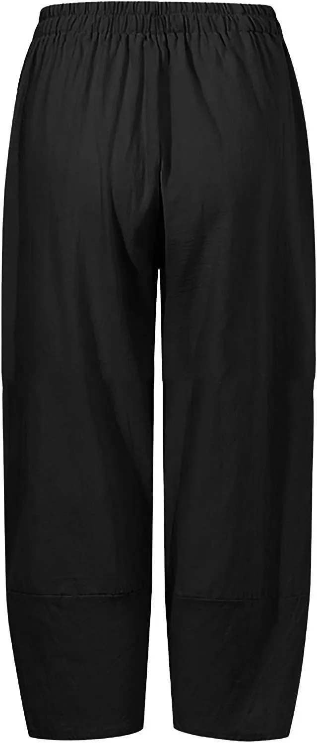 Ceboyel Women's Boho Casual Linen Pants Wide Leg Capri Pants Relax Fit Cute Baggy Pants Summer Beach Lounge Trousers 2023