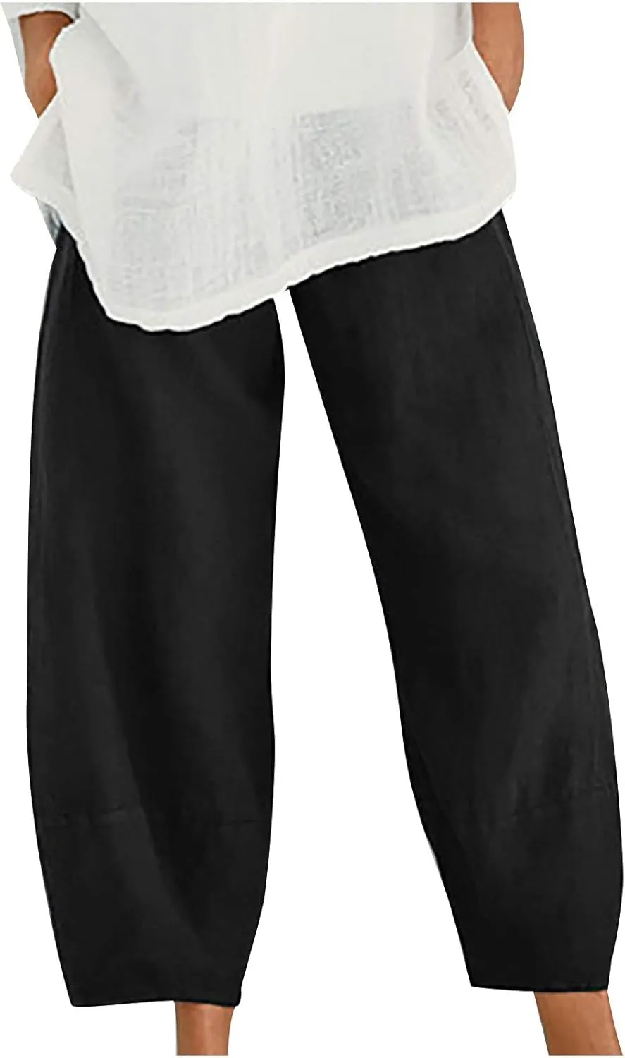 Ceboyel Women's Boho Casual Linen Pants Wide Leg Capri Pants Relax Fit Cute Baggy Pants Summer Beach Lounge Trousers 2023